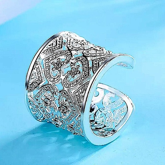 NEW STERLING SILVER WIDE BAND ZIRCONIA HEART CUFF RING - Picture 8 of 12